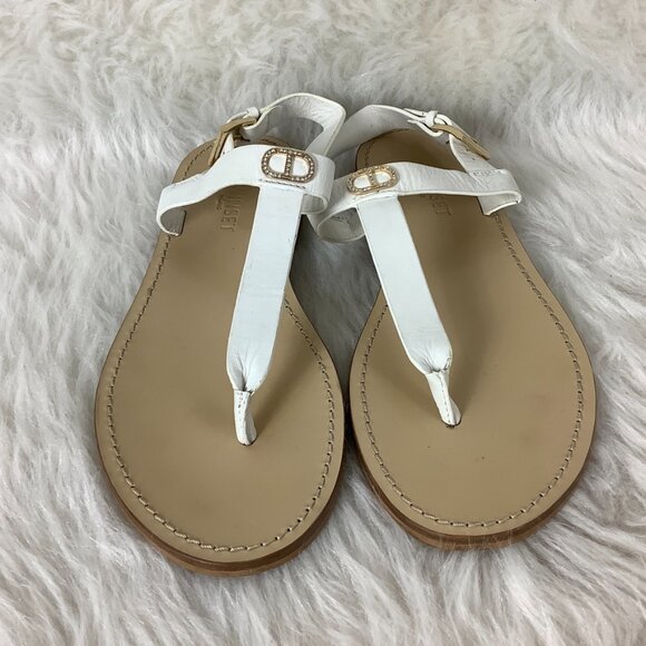 Twinset White Leather Gold Tone & Crystal Logo Flat Sandals 39 - Picture 2 of 6